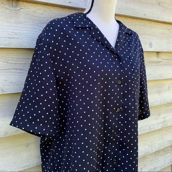 Vintage 90s Black Polka Dot Print Button Down Short Sleeve Collared Popover Top - Picture 4 of 16